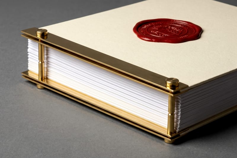 A thick dossier clamped in a brass screw-post binding with a stamped wax seal.