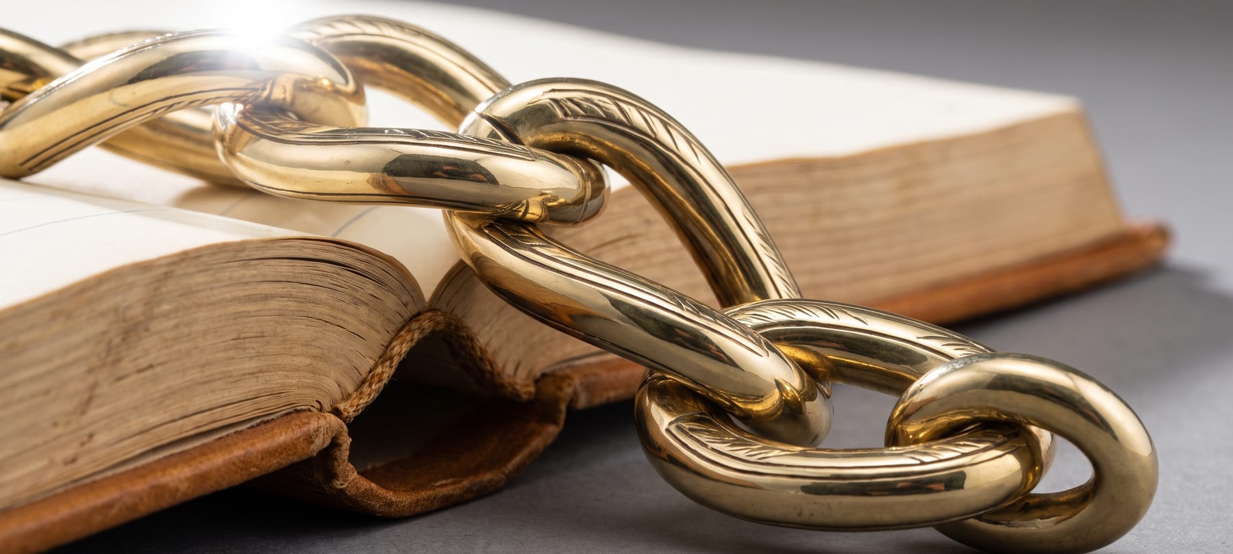 Interlocking brass seal links laid across the gutter of a leather-bound ledger.