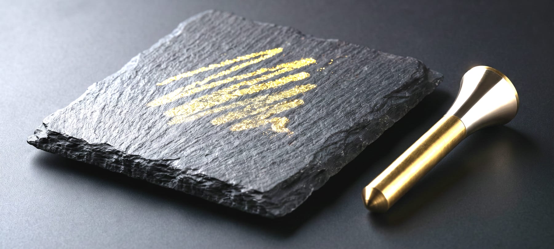 An assayer’s black basalt touchstone streaked with gold beside a brass needle.